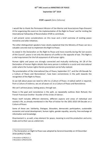 42 ND HRC event on MINSTRIES OF PEACE September 20 th 2019 IFORs speech (Zaira Zafarana)  I
