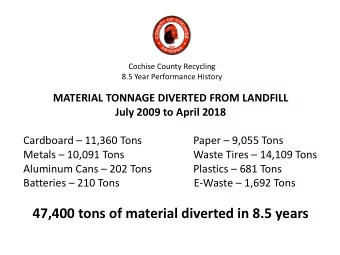 47,400 tons of material diverted in 8.5 years  Volatility In The Market  Revenue per Ton For Single