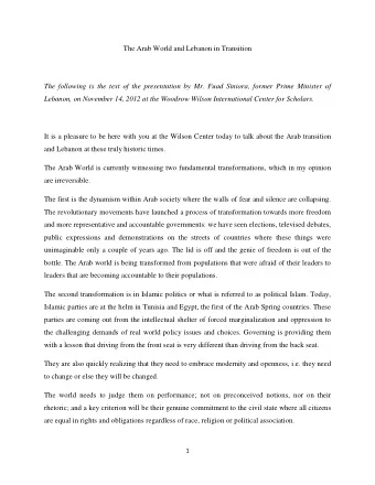 The Arab World and Lebanon in Transition  The following is the text of the presentation by Mr. Fuad