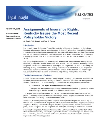 Assignments of Insurance Rights:  November 5, 2012  Kentucky Issues the Most Recent  Practice
