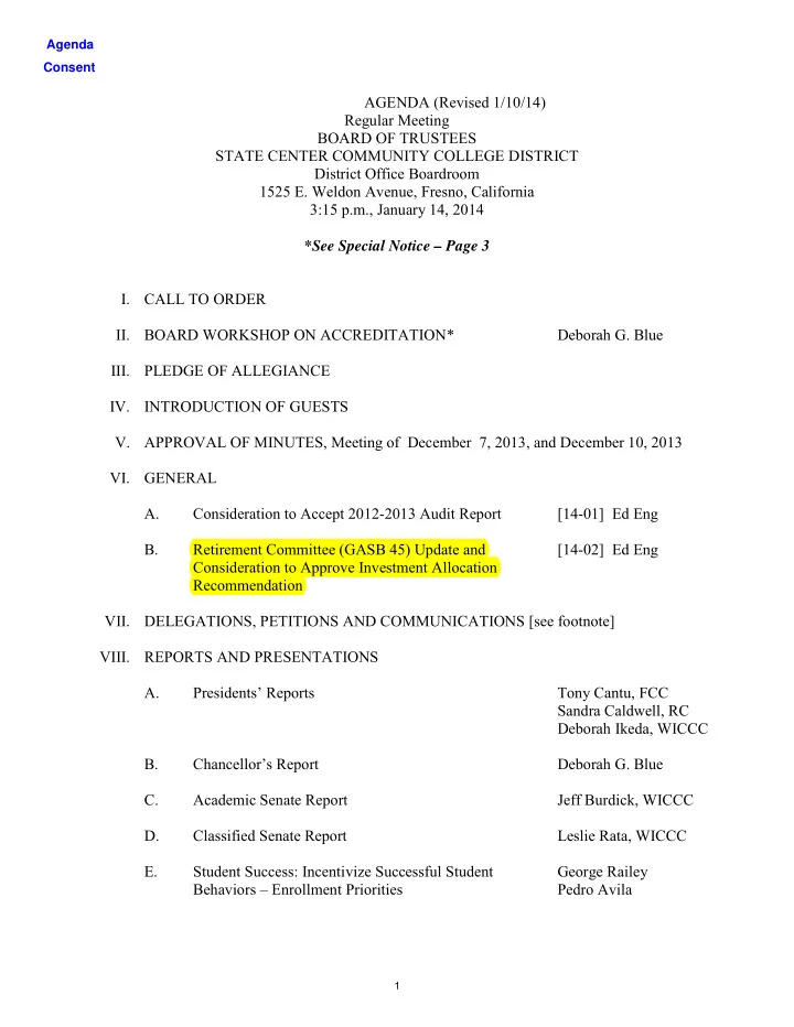 agenda revised 1 10 14 regular meeting board of trustees