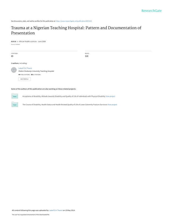 trauma at a nigerian teaching hospital pattern and
