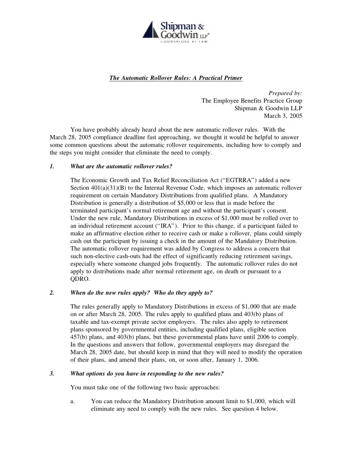 the employee benefits practice group shipman goodwin llp
