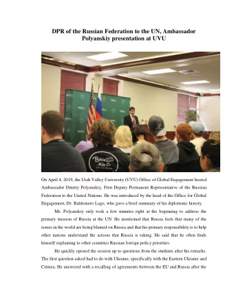 DPR of the Russian Federation to the UN, Ambassador  Polyanskiy presentation at UVU  On April 4,