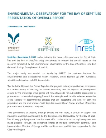 ENVIRONMENTAL OBSERVATORY FOR THE BAY OF SEPT-LES  PRESENTATION OF OVERALL REPORT 3 December 2018