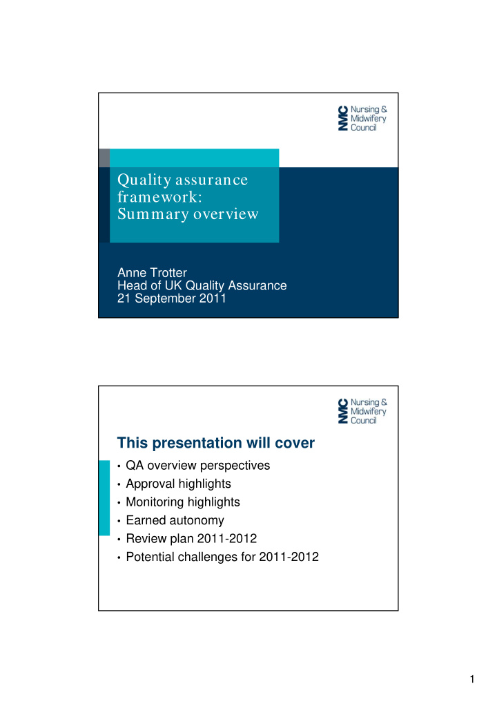 quality assurance framework summary overview