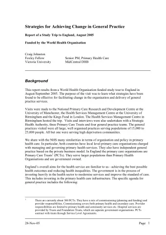 Strategies for Achieving Change in General Practice  Report of a Study Trip to England, August 2005
