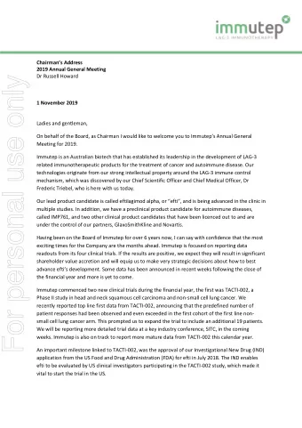 For personal use only  1 November 2019  Ladies and gentleman, On behalf of the Board, as Chairman I