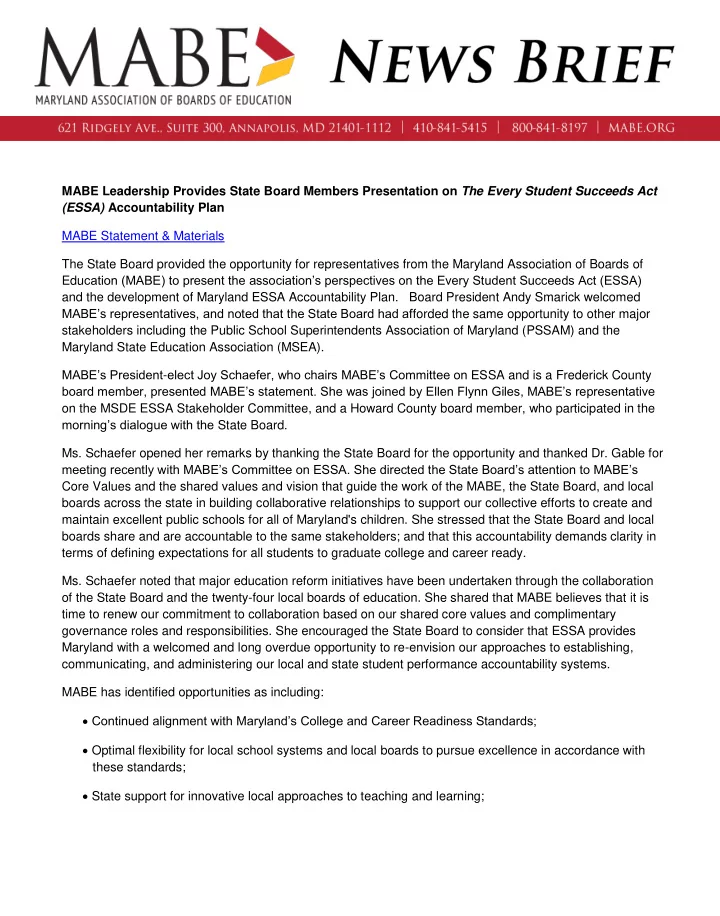 mabe leadership provides state board members presentation