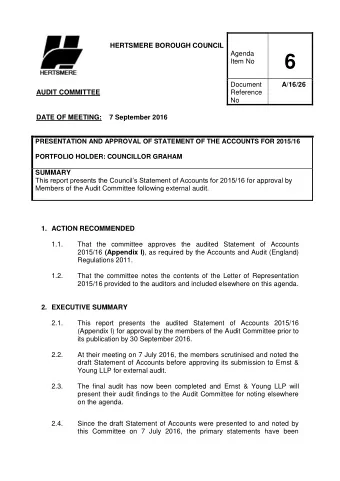 6  Item No  Document  A/16/26 AUDIT COMMITTEE  Reference  No  DATE OF MEETING:    7 September 2016