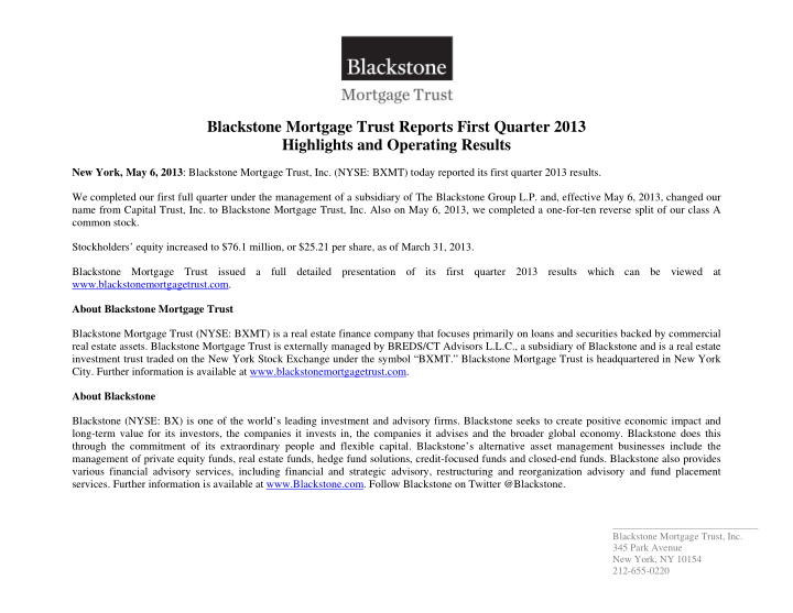blackstone mortgage trust reports first quarter 2013