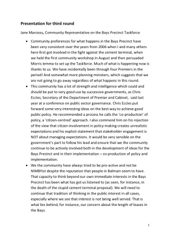 Presentation for third round  Jane Marceau, Community Representative on the Bays Precinct Taskforce