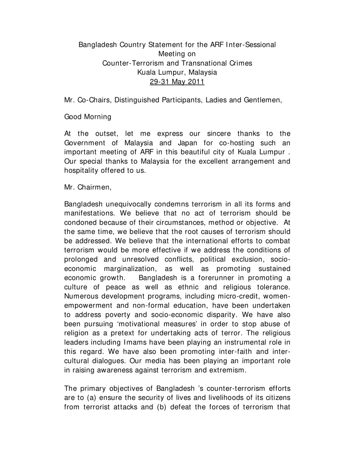 bangladesh country statement for the arf inter sessional