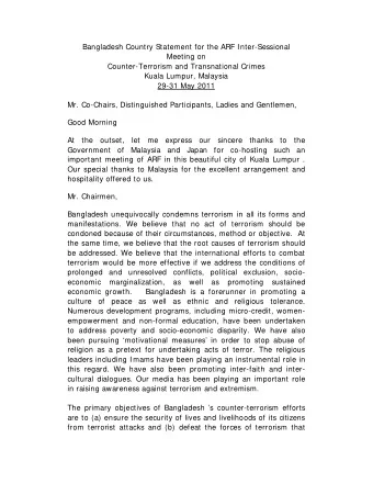 Bangladesh Country Statement for the ARF Inter-Sessional Meeting on Counter-Terrorism and