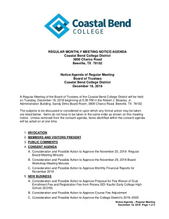 REGULAR MONTHLY MEETING NOTICE/AGENDA  Coastal Bend College District  3800 Charco Road  Beeville,