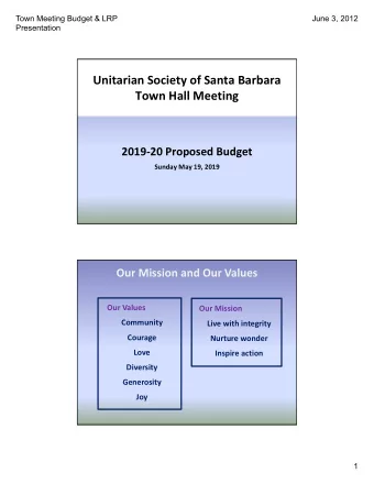 Unitarian Society of Santa Barbara  Town Hall Meeting  2019-20 Proposed Budget  Sunday May 19, 2019