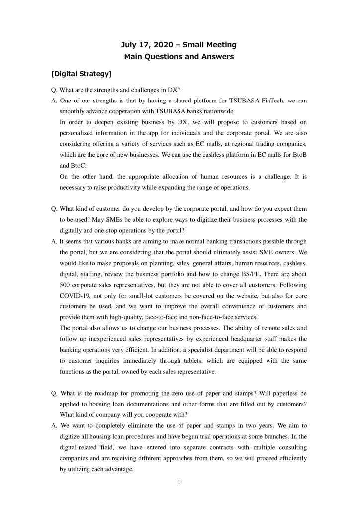 july 17 2020 small meeting main questions and answers