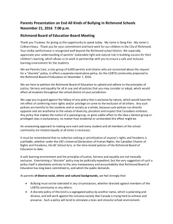 Parents Presentation on End All Kinds of Bullying in Richmond Schools  November 21, 2016  7:00 p.m.