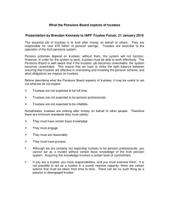 What the Pensions Board expects of trustees  Presentation by Brendan Kennedy to IAPF Trustee Forum,