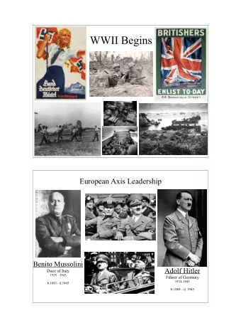 WWII Begins  European Axis Leadership  Benito Mussolini  Adolf Hitler  Duce of Italy  1925 1943