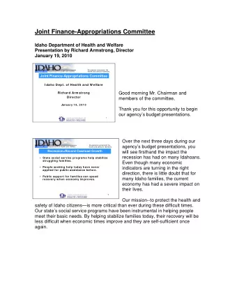 Joint Finance-Appropriations Committee  Idaho Department of Health and Welfare  Presentation by
