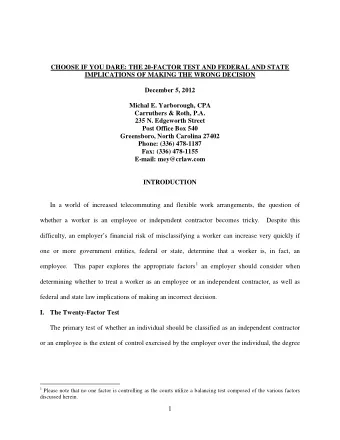 CHOOSE IF YOU DARE: THE 20-FACTOR TEST AND FEDERAL AND STATE  IMPLICATIONS OF MAKING THE WRONG