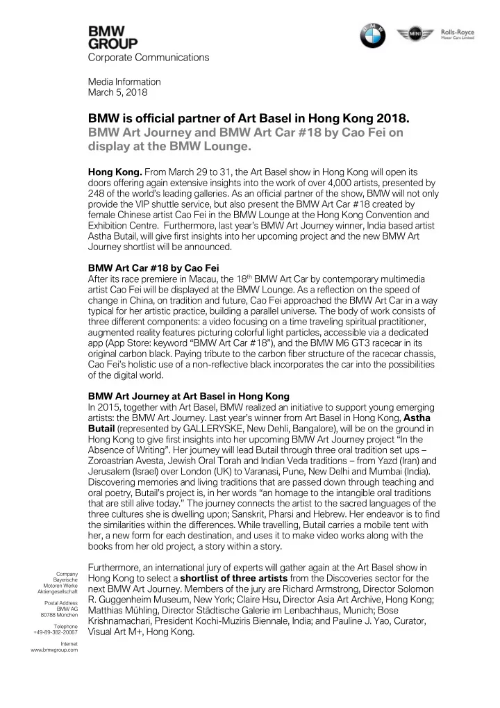 bmw is official partner of art basel in hong kong 2018