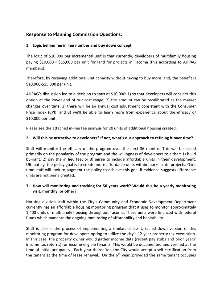 response to planning commission questions