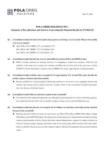 POLA ORBIS HOLDINGS INC. Summary of Key Questions and Answers Concerning the Financial Results for