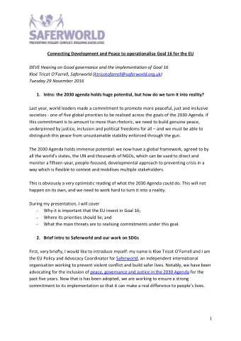 Connecting Development and Peace to operationalise Goal 16 for the EU  DEVE Hearing on Good