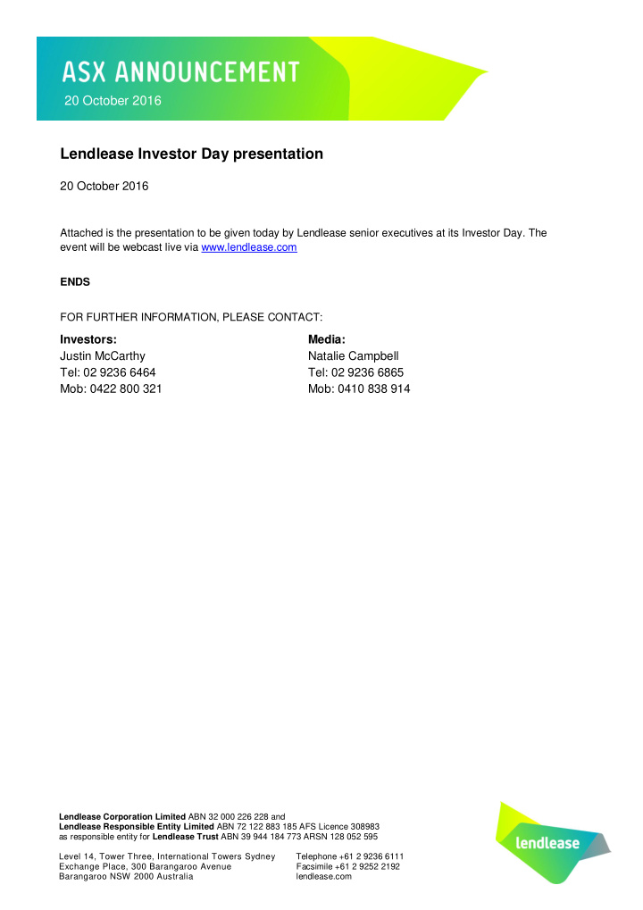 lendlease investor day presentation