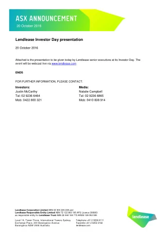 Lendlease Investor Day presentation  20 October 2016  Attached is the presentation to be given