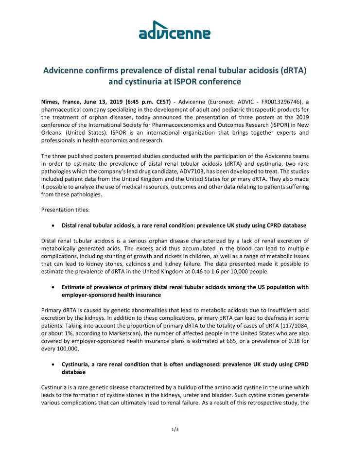 advicenne confirms prevalence of distal renal tubular