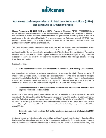 Advicenne confirms prevalence of distal renal tubular acidosis (dRTA)  and cystinuria at ISPOR