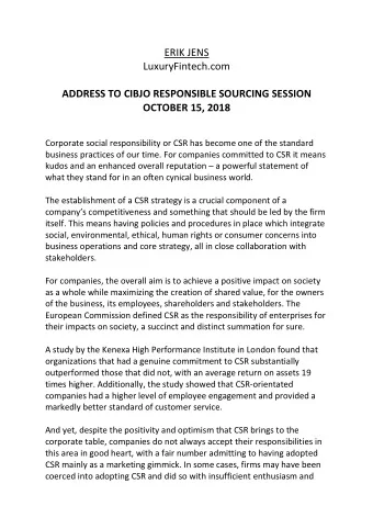 ERIK JENS  LuxuryFintech.com  ADDRESS TO CIBJO RESPONSIBLE SOURCING SESSION  OCTOBER 15, 2018
