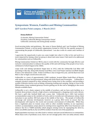 Symposium: Women, Families and Mining Communities QUT Garden Point campus, 1 March 2013 Donna