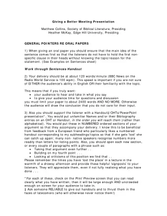 Giving a Better Meeting Presentation  Matthew Collins, Society of Biblical Literature, Presiding