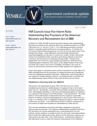 government contracts update A PUBLICATION OF VENABLE'S GOVERNMENT CONTRACTS GROUP  April 9, 2009