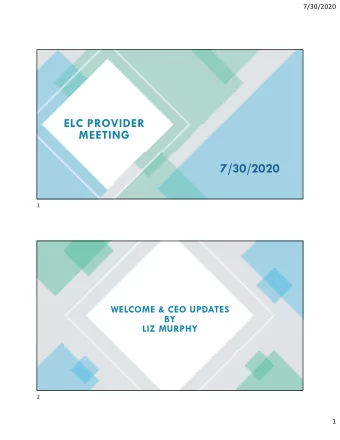 7/30/2020  1  WELCOME &amp; CEO UPDATES  BY  LIZ MURPHY  2  1  7/30/2020  Dr. Tara Orlowski, ELC