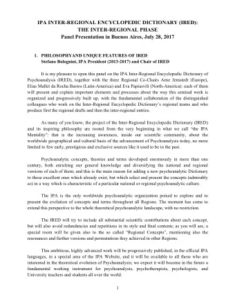 IPA INTER-REGIONAL ENCYCLOPEDIC DICTIONARY (IRED):  THE INTER-REGIONAL PHASE  Panel Presentation in