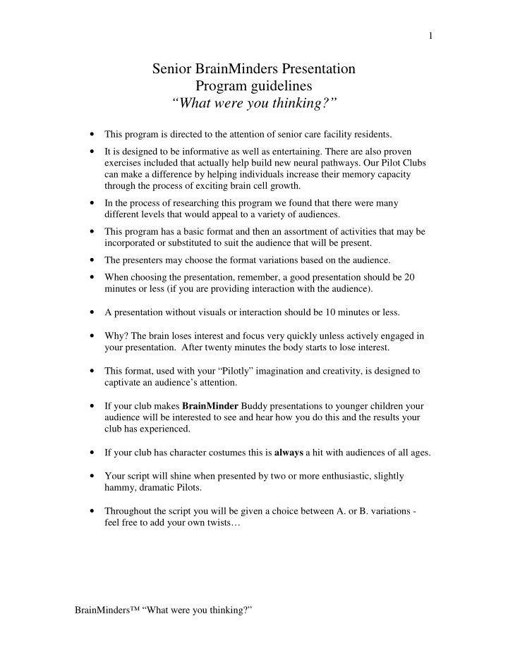 senior brainminders presentation program guidelines what