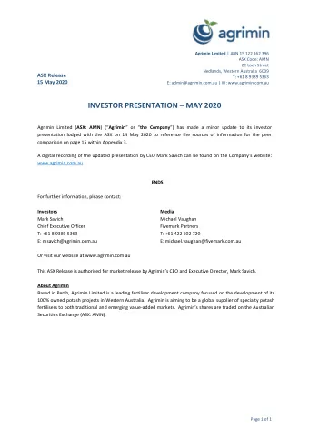 INVESTOR PRESENTATION  MAY 2020 Agrimin Limited ( ASX: AMN ) ( Agrimin  or  the Company