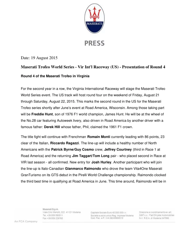 date 19 august 2015 maserati trofeo world series vir int