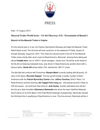 Date: 19 August 2015  Maserati Trofeo World Series - Vir Int'l Raceway (US) - Presentation of Round