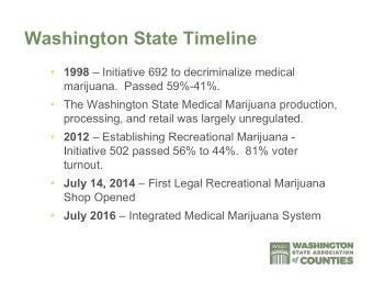 Washington State Timeline  1998  Initiative 692 to decriminalize medical  marijuana.  Passed