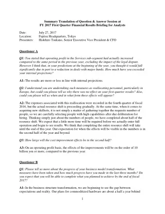 Summary Translation of Question &amp; Answer Session at  FY 2017 First Quarter Financial Results