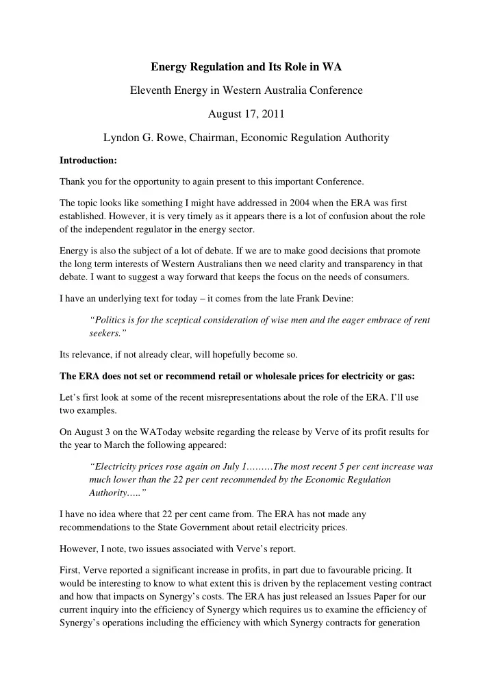 energy regulation and its role in wa eleventh energy in