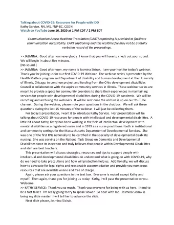 Talking about COVID-19: Resources for People with IDD  Kathy Service, RN, MS, FNP-BC, CDDN  Watch