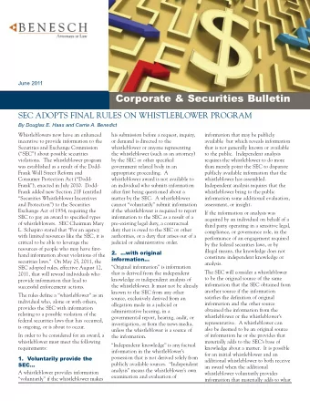 SEC ADOPTS FINAL RULES ON WHISTLEBLOWER PROGRAM  By Douglas E. Haas and Carrie A. Benedict