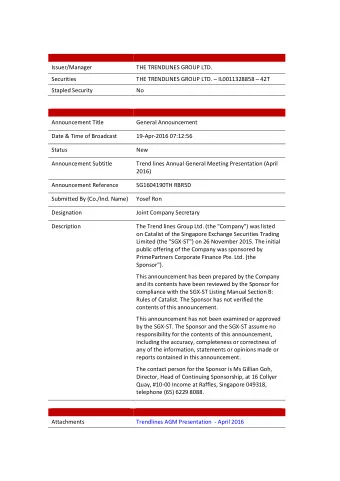 Issuer/Manager  THE TRENDLINES GROUP LTD.  Securities THE TRENDLINES GROUP LTD.  IL0011328858